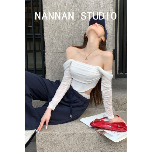 歐美辣妹性感一字肩兩穿設計感長袖上衣女秋新款魚骨收腰短款T恤