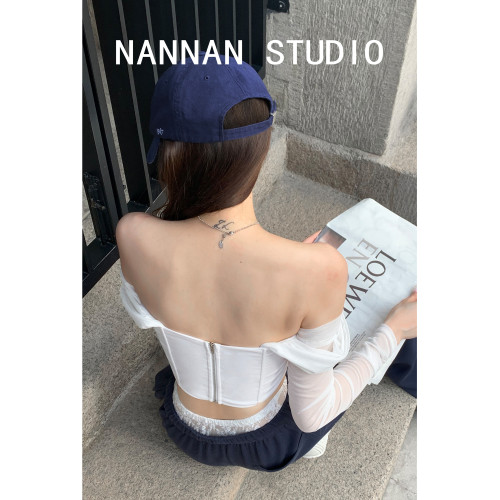 歐美辣妹性感一字肩兩穿設計感長袖上衣女秋新款魚骨收腰短款T恤