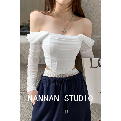 歐美辣妹性感一字肩兩穿設計感長袖上衣女秋新款魚骨收腰短款T恤