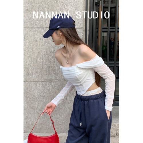 歐美辣妹性感一字肩兩穿設計感長袖上衣女秋新款魚骨收腰短款T恤