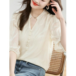 薄款黑色短袖雪紡衫女夏季新款時尚洋氣拼接蕾絲襯衫寬松遮肚上衣