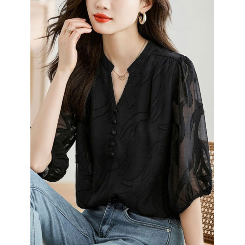 薄款黑色短袖雪紡衫女夏季新款時尚洋氣拼接蕾絲襯衫寬松遮肚上衣