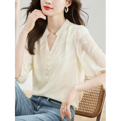 薄款黑色短袖雪紡衫女夏季新款時尚洋氣拼接蕾絲襯衫寬松遮肚上衣