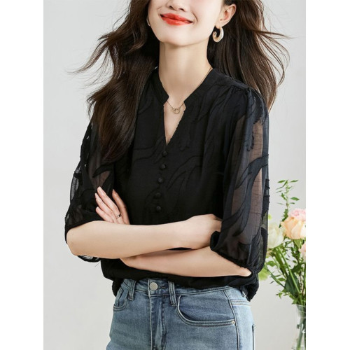 薄款黑色短袖雪紡衫女夏季新款時尚洋氣拼接蕾絲襯衫寬松遮肚上衣