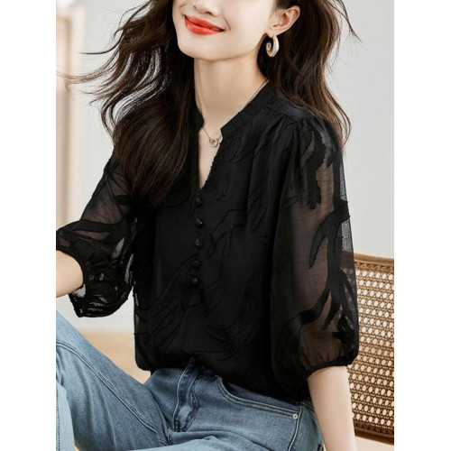 薄款黑色短袖雪紡衫女夏季新款時尚洋氣拼接蕾絲襯衫寬松遮肚上衣
