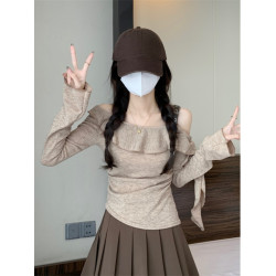 早秋女2025新款爆款一字肩斜肩t恤長袖露肩巨好看短款上衣打底衫