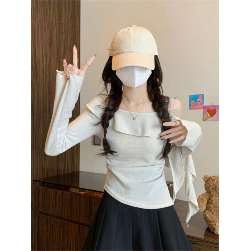 早秋女2025新款爆款一字肩斜肩t恤長袖露肩巨好看短款上衣打底衫