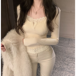 純欲辣妹顯身材上衣女秋冬假兩件長袖t恤加絨加厚蕾絲打底衫內搭