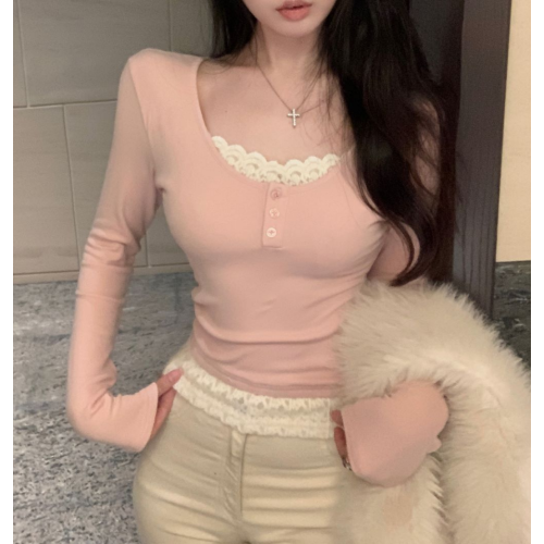 純欲辣妹顯身材上衣女秋冬假兩件長袖t恤加絨加厚蕾絲打底衫內搭