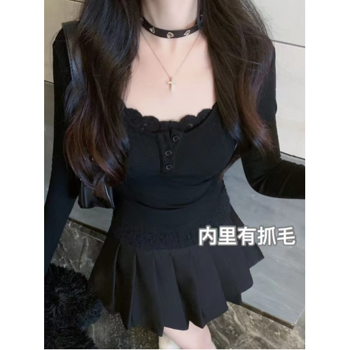 純欲辣妹顯身材上衣女秋冬假兩件長袖t恤加絨加厚蕾絲打底衫內搭