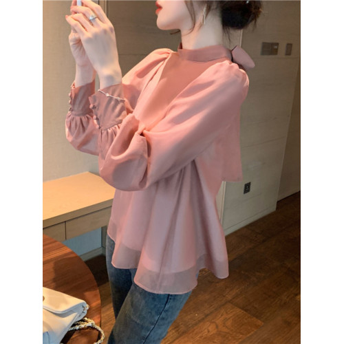 2025春秋新款法式時尚小衫長袖上衣女遮肚甜美洋氣設計感雪紡襯衫