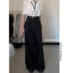 高個子加長設計感單排釦西裝休閒褲女秋季高腰寬松顯瘦垂感濶腿褲