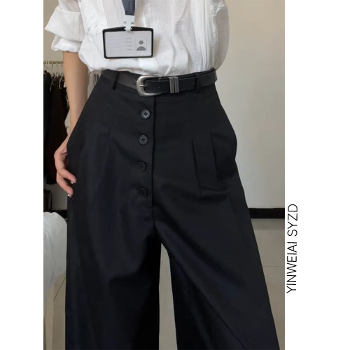 高個子加長設計感單排釦西裝休閒褲女秋季高腰寬松顯瘦垂感濶腿褲