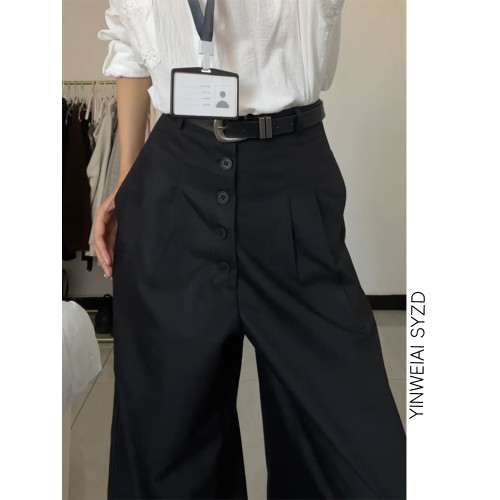 高個子加長設計感單排釦西裝休閒褲女秋季高腰寬松顯瘦垂感濶腿褲