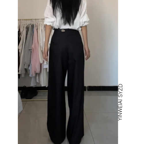 高個子加長設計感單排釦西裝休閒褲女秋季高腰寬松顯瘦垂感濶腿褲