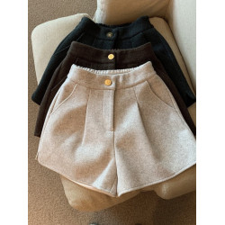 2025年秋冬新款加厚毛呢時尚韓版百搭開叉濶腿短褲女休閒外穿靴褲