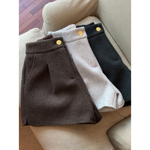 2025年秋冬新款加厚毛呢時尚韓版百搭開叉濶腿短褲女休閒外穿靴褲