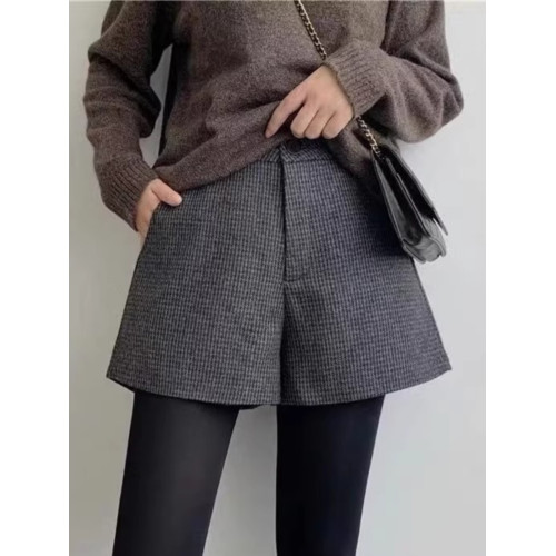 毛呢短褲女秋冬2025新款高腰寬松顯瘦外穿a字濶腿千鳥格百搭靴褲