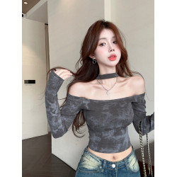 純欲辣妹一字肩性感掛脖上衣女秋季y2k紥染長袖t恤露肩打底衫內搭