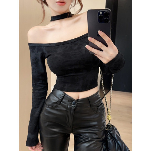 純欲辣妹一字肩性感掛脖上衣女秋季y2k紥染長袖t恤露肩打底衫內搭