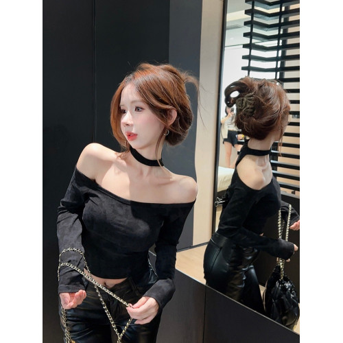 純欲辣妹一字肩性感掛脖上衣女秋季y2k紥染長袖t恤露肩打底衫內搭