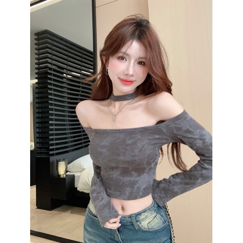 純欲辣妹一字肩性感掛脖上衣女秋季y2k紥染長袖t恤露肩打底衫內搭