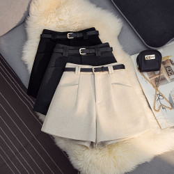 毛呢西裝口袋短褲女2025秋冬高腰A字濶腿褲顯瘦寬松打底呢子靴褲