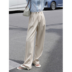 MISSMARM 杏白西裝褲高級感垂感休閒褲女秋季高腰直筒顯瘦濶腿褲