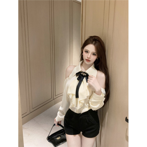 荷葉邊蝴蝶結襯衫女早秋純欲辣妹掛脖露肩上衣宮廷風法式白色襯衣 荷葉邊蝴蝶結襯衫女早秋純欲辣妹掛脖露肩上衣宮廷風法式白色襯衣