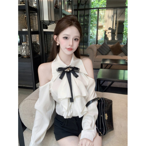 荷葉邊蝴蝶結襯衫女早秋純欲辣妹掛脖露肩上衣宮廷風法式白色襯衣 荷葉邊蝴蝶結襯衫女早秋純欲辣妹掛脖露肩上衣宮廷風法式白色襯衣
