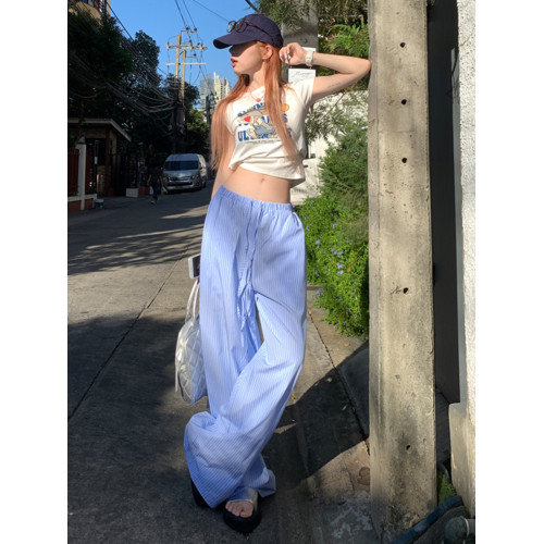 AIG藍色條紋休閒褲子女夏季薄款輕松感慵懶顯瘦直筒抽繩拖地長褲 AIG藍色條紋休閒褲子女夏季薄款輕松感慵懶顯瘦直筒抽繩拖地長褲