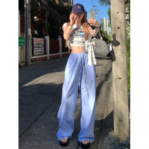 AIG藍色條紋休閒褲子女夏季薄款輕松感慵懶顯瘦直筒抽繩拖地長褲 AIG藍色條紋休閒褲子女夏季薄款輕松感慵懶顯瘦直筒抽繩拖地長褲