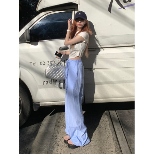 AIG藍色條紋休閒褲子女夏季薄款輕松感慵懶顯瘦直筒抽繩拖地長褲 AIG藍色條紋休閒褲子女夏季薄款輕松感慵懶顯瘦直筒抽繩拖地長褲