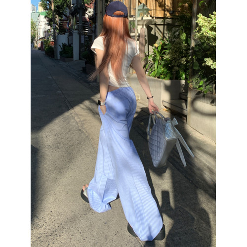 AIG藍色條紋休閒褲子女夏季薄款輕松感慵懶顯瘦直筒抽繩拖地長褲 AIG藍色條紋休閒褲子女夏季薄款輕松感慵懶顯瘦直筒抽繩拖地長褲