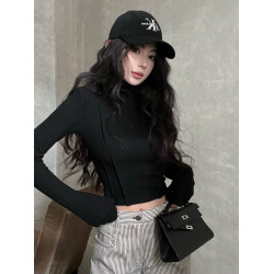 純欲辣妹y2k美拉德魚骨上衣女秋冬墊肩長袖t恤高領加絨打底衫內搭