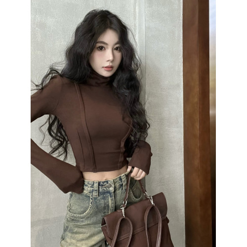 純欲辣妹y2k美拉德魚骨上衣女秋冬墊肩長袖t恤高領加絨打底衫內搭