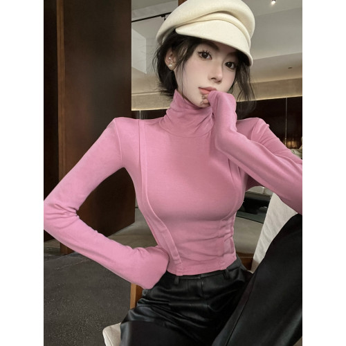 純欲辣妹y2k美拉德魚骨上衣女秋冬墊肩長袖t恤高領加絨打底衫內搭