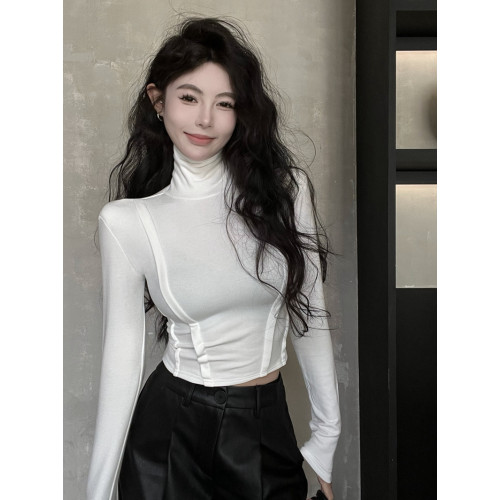 純欲辣妹y2k美拉德魚骨上衣女秋冬墊肩長袖t恤高領加絨打底衫內搭