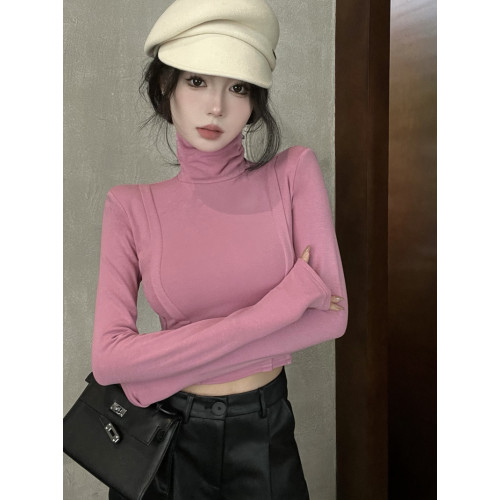 純欲辣妹y2k美拉德魚骨上衣女秋冬墊肩長袖t恤高領加絨打底衫內搭