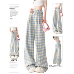 MZVZ多巴胺藍色格子濶腿褲女夏季新款高腰寬松顯瘦直筒休閒褲子潮