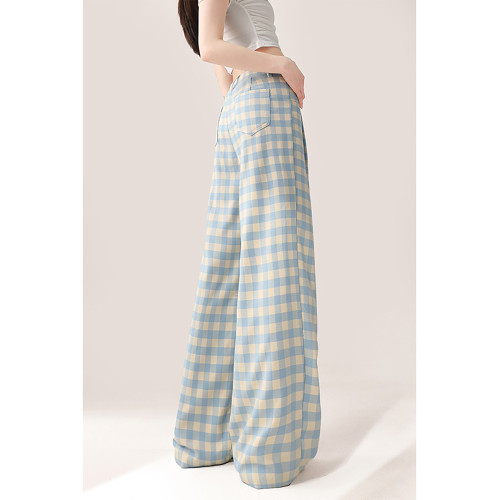 MZVZ多巴胺藍色格子濶腿褲女夏季新款高腰寬松顯瘦直筒休閒褲子潮 MZVZ多巴胺藍色格子濶腿褲女夏季新款高腰寬松顯瘦直筒休閒褲子潮