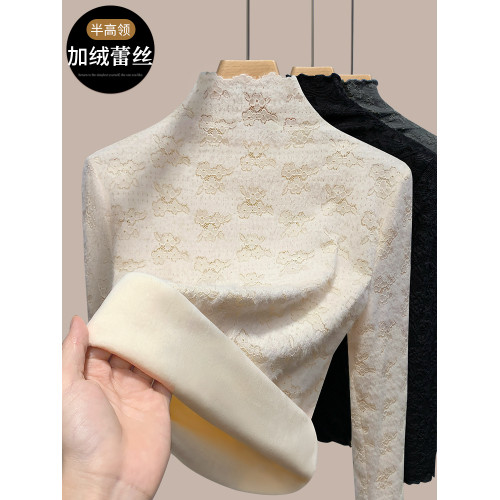 半高領加絨蕾絲打底衫女高級感內搭秋冬2025新款加厚保暖時尚上衣