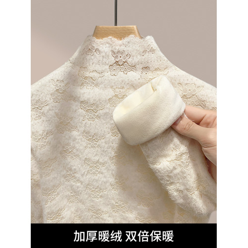 半高領加絨蕾絲打底衫女高級感內搭秋冬2025新款加厚保暖時尚上衣