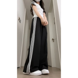 黑色條紋運動褲女夏季薄款2025新款高腰垂感防曬褲兩穿速乾濶腿褲