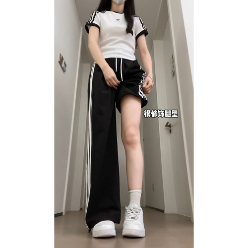 黑色條紋運動褲女夏季薄款2025新款高腰垂感防曬褲兩穿速乾濶腿褲