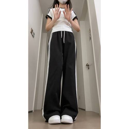 黑色條紋運動褲女夏季薄款2025新款高腰垂感防曬褲兩穿速乾濶腿褲