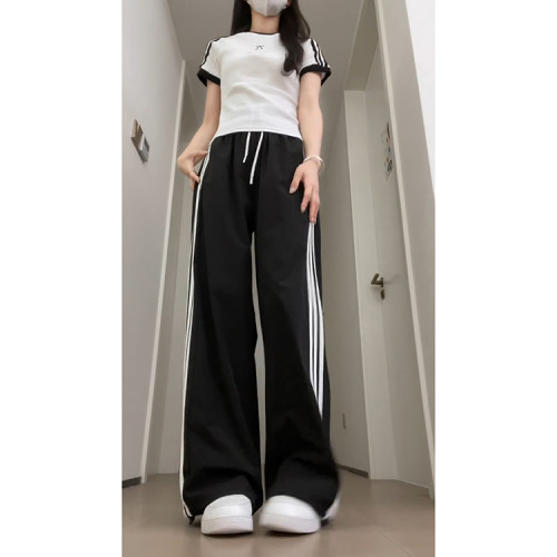 黑色條紋運動褲女夏季薄款2025新款高腰垂感防曬褲兩穿速乾濶腿褲