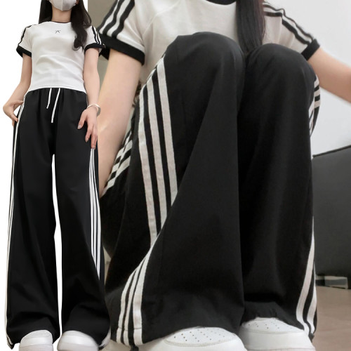 黑色條紋運動褲女夏季薄款2025新款高腰垂感防曬褲兩穿速乾濶腿褲