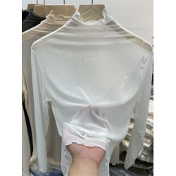 木耳邊中領蕾絲網紗上衣女秋裝大碼胖MM性感內搭打底衫長袖t恤薄