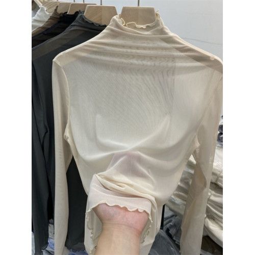 木耳邊中領蕾絲網紗上衣女秋裝大碼胖MM性感內搭打底衫長袖t恤薄 木耳邊中領蕾絲網紗上衣女秋裝大碼胖MM性感內搭打底衫長袖t恤薄